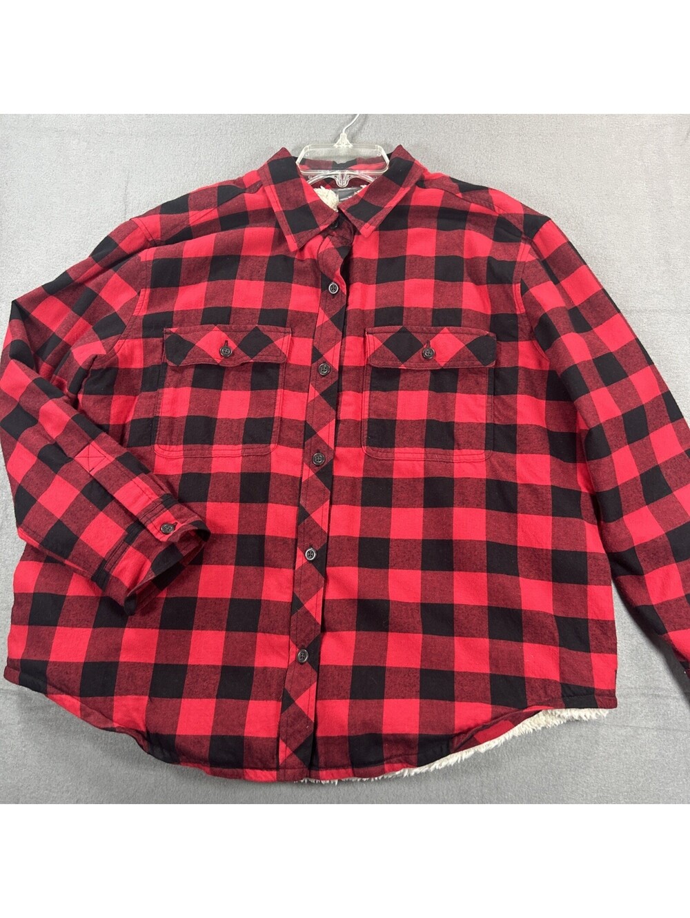 Eddie Bauer Size XL Sherpa Lined Red Buffalo Plaid Shacket Barn Coat Outdoor